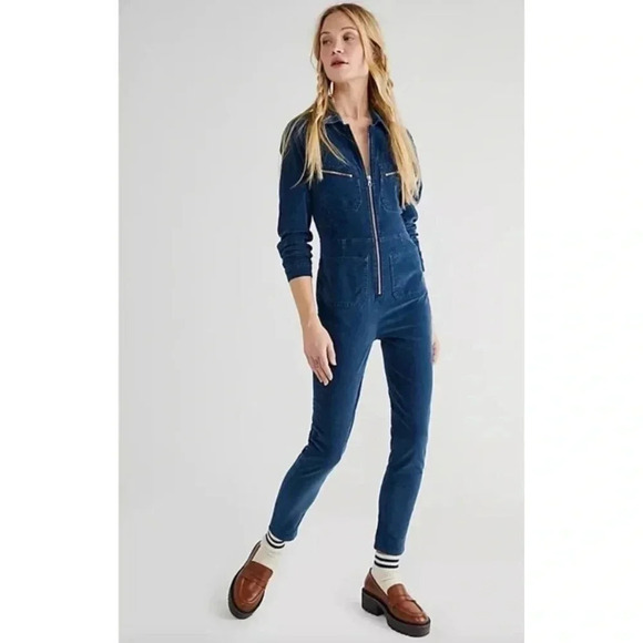 NWT Free People Lennox Jumpsuit Cord Denim Utility One Piece in Navy Blue - Picture 1 of 13